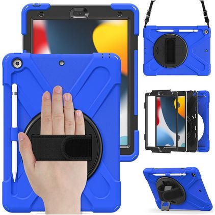Mobigear SureGrip XGuard Coque iPad 8 (2020) Coque arrière en Plastique rigide,Silicone + Porte-crayon + Bandoulière + Support Amovible - Bleu