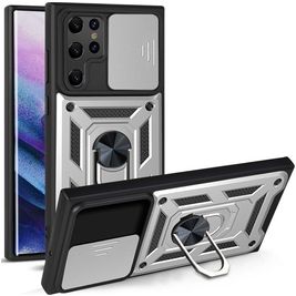 Mobigear Armor Ring Cam Slide Coque Samsung Galaxy S22 Ultra Coque arrière Rigide Anti-Chocs avec Anneau-Support - Argent