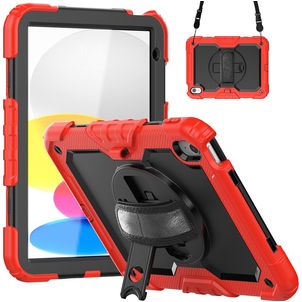 Mobigear SureGrip Xtreme Coque iPad 10 (2022) Coque arrière en Plastique rigide,Silicone + Bandoulière + Support Amovible - Noir / Rouge