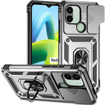 Mobigear Armor Ring Cam Slide Xiaomi Redmi A1 4G Plastique rigide Coque arrière Antichoc avec bague de maintien et cache caméra coulissant - Argent
