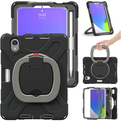Mobigear RingGuard Coque iPad Mini 7 (2024) Coque arrière en Plastique rigide,Silicone + Porte-crayon + Bandoulière + Support Amovible - Noir