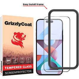 GrizzlyCoat Easy Fit iPhone 15 Pro Verre trempé Protection d'écran - Compatible Coque + Cadre d'installation - Noir