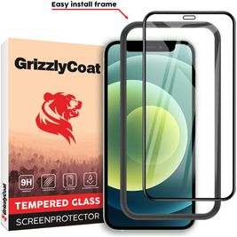 GrizzlyCoat Easy Fit iPhone 12 Mini Verre trempé Protection d'écran - Compatible Coque + Cadre d'installation - Noir