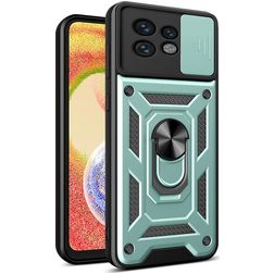 Mobigear Armor Ring Cam Slide Motorola Edge 40 Pro Plastique rigide Coque arrière Antichoc avec bague de maintien et cache caméra coulissant - Vert