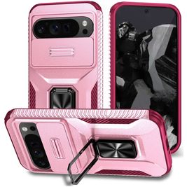 Mobigear Armor Ring Cam Slide Coque Google Pixel 9 Pro XL Coque arrière Rigide Anti-Chocs avec Anneau-Support et Protecteur Lentilles - Rose