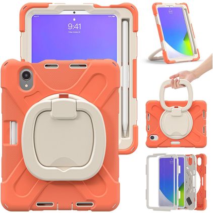 Mobigear RingGuard Coque iPad Mini 6 (2021) Coque arrière en Plastique rigide,Silicone + Porte-crayon + Bandoulière + Support Amovible - Orange