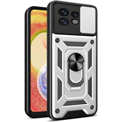 Mobigear Armor Ring Cam Slide Motorola Edge 40 Pro Plastique rigide Coque arrière Antichoc avec bague de maintien et cache caméra coulissant - Argent