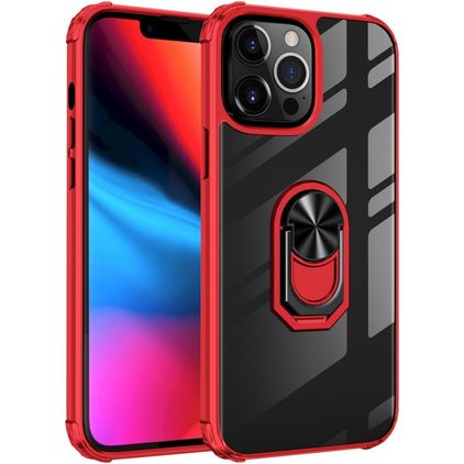 Mobigear Crystal Ring Coque iPhone 14 Pro Max Coque arrière Rigide avec Anneau-Support - Transparent / Rouge
