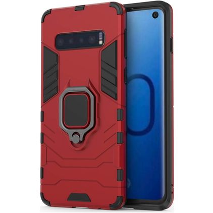 Mobigear Armor Ring Coque Samsung Galaxy S10 Coque arrière Rigide Anti-Chocs avec Anneau-Support - Rouge