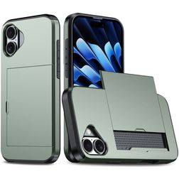 Mobigear Card iPhone 16 Plastique rigide Coque arrière Antichoc avec porte-cartes - Vert