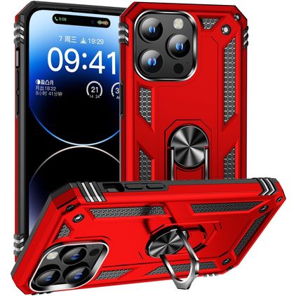 Mobigear Armor Ring Coque iPhone 16 Pro Coque arrière Rigide Anti-Chocs avec Anneau-Support - Rouge