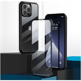 Valenta Full Cover Coque iPhone 14 Pro Max Coque arrière en Verre trempé Anti-Chocs - Transparent / Noir