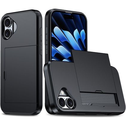 Mobigear Card Coque iPhone 16 Plus Coque arrière Rigide Anti-Chocs avec Porte-Cartes - Noir