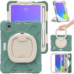 Mobigear RingGuard Coque iPad Mini 6 (2021) Coque arrière en Plastique rigide,Silicone + Porte-crayon + Bandoulière + Support Amovible - Vert