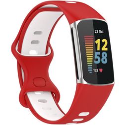 Mobigear Sport Dual Bracelet Silicone pour Fitbit Charge 5 Fermeture à clou et passant - Blanc / Rouge