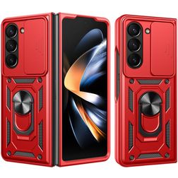 Mobigear Armor Ring Cam Slide Samsung Galaxy Z Fold 7 Plastique rigide Coque arrière Antichoc avec bague de maintien et cache caméra coulissant - Rouge