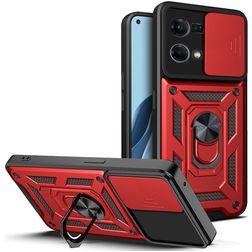 Mobigear Armor Ring Cam Slide OPPO Reno 7 4G Plastique rigide Coque arrière Antichoc avec bague de maintien et cache caméra coulissant - Rouge