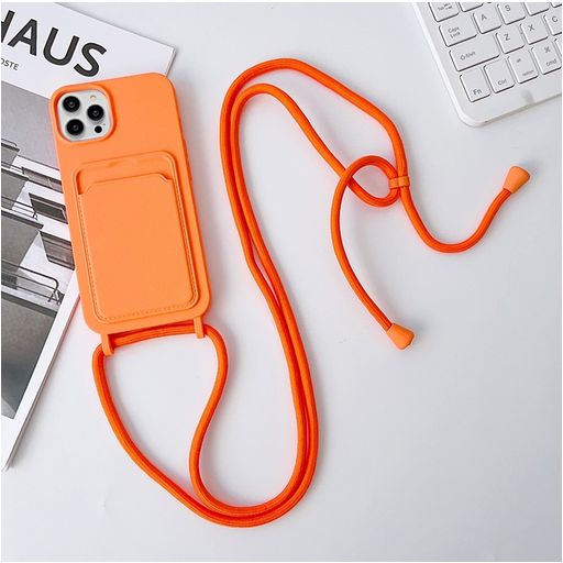 Mobigear Lanyard Card iPhone 15 Pro Coque avec cordon en Silicone et Porte-Cartes - Orange