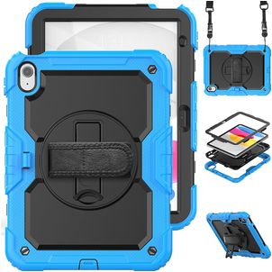 Mobigear SureGrip Xtreme Coque iPad 10 (2022) Coque arrière en Plastique rigide,Silicone + Bandoulière + Support Amovible - Noir / Bleu