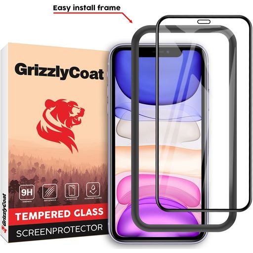 GrizzlyCoat Easy Fit iPhone 11 Verre trempé Protection d'écran - Compatible Coque + Cadre d'installation - Noir