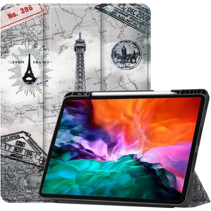 Mobigear Tri-Fold Gel Coque iPad Pro 12.9 Pouces (2021) Etui en TPU,Similicuir + Porte-crayon - tour Eiffel