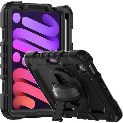 Mobigear SureGrip Xtreme Coque iPad Mini 7 (2024) Coque arrière en Plastique rigide,Silicone + Porte-crayon + Bandoulière + Support Amovible - Noir