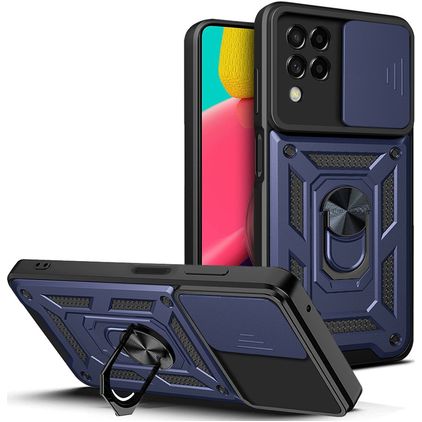 Mobigear Armor Ring Cam Slide Samsung Galaxy M53 Plastique rigide Coque arrière Antichoc avec bague de maintien - Bleu