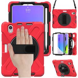 Mobigear SureGrip XGuard Coque iPad Mini 7 (2024) Coque arrière en Plastique rigide,Silicone + Porte-crayon + Bandoulière + Support Amovible - Rouge