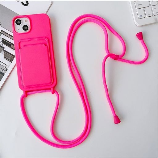 Mobigear Lanyard Card iPhone 15 Coque avec cordon en Silicone et Porte-Cartes - Rose