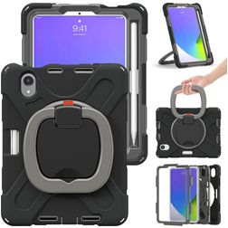 Mobigear RingGuard Coque iPad Mini 6 (2021) Coque arrière en Plastique rigide,Silicone + Porte-crayon + Bandoulière + Support Amovible - Noir