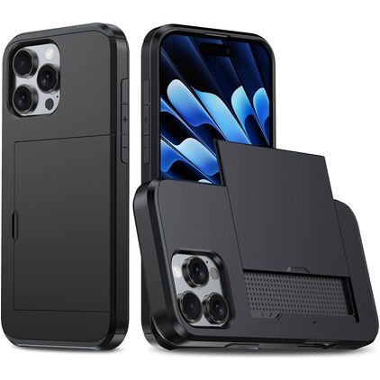 Mobigear Card Coque iPhone 16 Pro Max Coque arrière Rigide Anti-Chocs avec Porte-Cartes - Noir