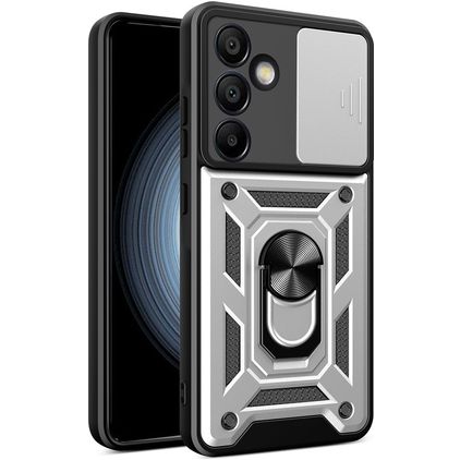 Mobigear Armor Ring Cam Slide Coque Samsung Galaxy S24 FE Coque arrière Rigide Anti-Chocs avec Anneau-Support et Protecteur Lentilles - Argent