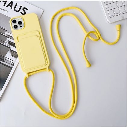 Mobigear Lanyard Card iPhone 15 Pro Coque avec cordon en Silicone et Porte-Cartes - Jaune