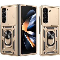 Mobigear Armor Ring Cam Slide Samsung Galaxy Z Fold 7 Plastique rigide Coque arrière Antichoc avec bague de maintien et cache caméra coulissant - Or