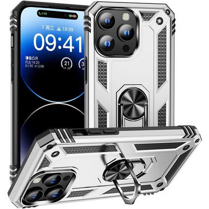 Mobigear Armor Ring Coque iPhone 16 Pro Coque arrière Rigide Anti-Chocs avec Anneau-Support - Argent
