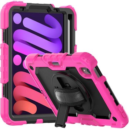 Mobigear SureGrip Xtreme Coque iPad Mini 7 (2024) Coque arrière en Plastique rigide,Silicone + Porte-crayon + Bandoulière + Support Amovible - Noir / Rose