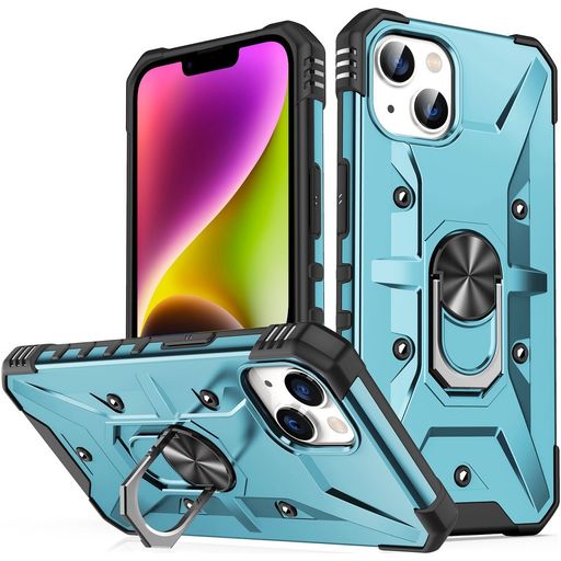 Mobigear Armor Ring Coque iPhone 14 Coque arrière Rigide Anti-Chocs avec Anneau-Support - Bleu