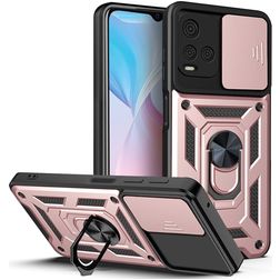 Mobigear Armor Ring Cam Slide Coque Vivo Y21s Coque arrière Rigide Anti-Chocs avec Anneau-Support et Protecteur Lentilles - Rose doré