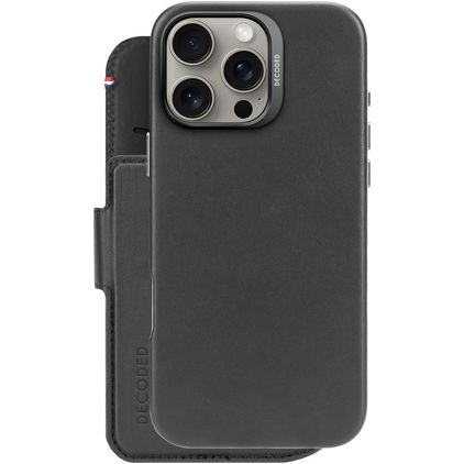 Decoded Detachable Wallet Housse iPhone 16 Pro Max MagSafe Etui avec Coque Détachable en Cuir Véritable Porte-Monnaie - Noir