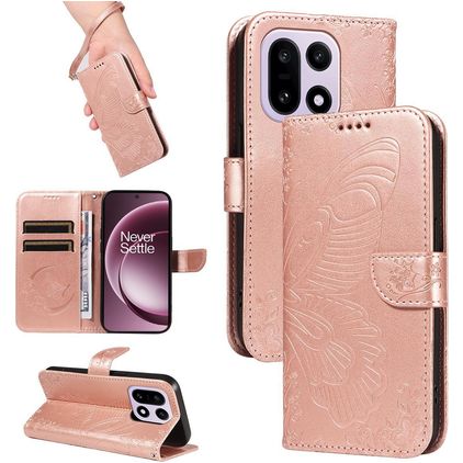 Mobigear Butterfly Housse OnePlus 15 Etui Porte-Monnaie - Rose doré