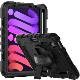 Mobigear SureGrip Xtreme Coque iPad Mini 7 (2024) Coque arrière en Plastique rigide,Silicone + Porte-crayon + Bandoulière + Support Amovible - Noir