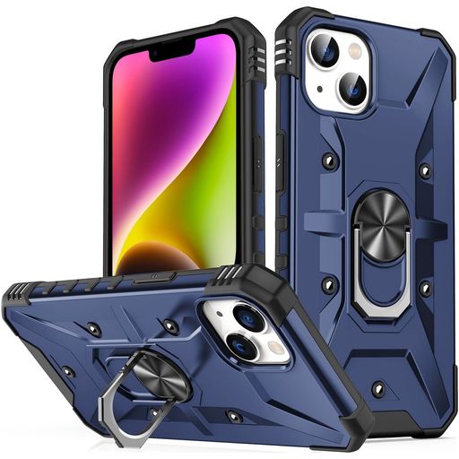 Mobigear Armor Ring Coque iPhone 14 Coque arrière Rigide Anti-Chocs avec Anneau-Support - Bleu