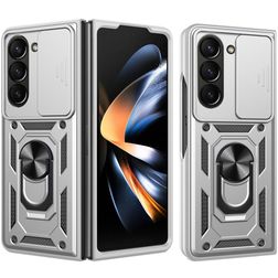 Mobigear Armor Ring Cam Slide Coque Samsung Galaxy Z Fold 7 Coque arrière Rigide Anti-Chocs avec Anneau-Support et Protecteur Lentilles - Argent
