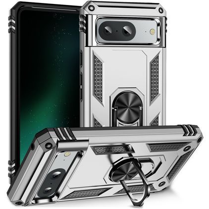 Mobigear Armor Ring Google Pixel 8a Plastique rigide Coque arrière Antichoc avec bague de maintien - Argent