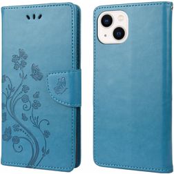 Mobigear Flowers Housse iPhone 14 Plus Etui Porte-Monnaie - Bleu