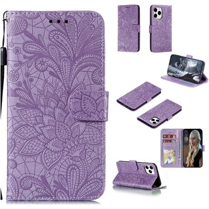 Mobigear Flowers Housse iPhone 12 Etui Porte-Monnaie - Violet