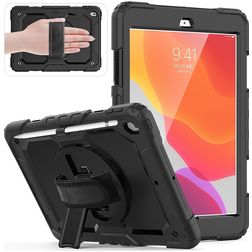 Mobigear SureGrip Xtreme Coque iPad 8 (2020) Coque arrière en Plastique rigide,Silicone + Porte-crayon + Bandoulière + Support Amovible - Noir