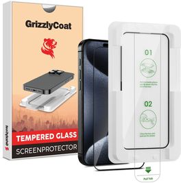 GrizzlyCoat AlignPro iPhone 15 Verre trempé Protection d'écran - Compatible Coque + Cadre d'installation - Noir