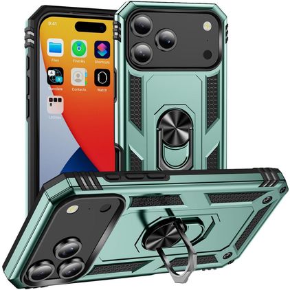 Mobigear Armor Ring Coque iPhone 18 Pro Max Coque arrière Rigide Anti-Chocs avec Anneau-Support - Vert