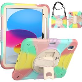 Mobigear SureGrip Coque iPad 10 (2022) Coque arrière en Plastique rigide,Silicone + Porte-crayon + Bandoulière + Support Amovible - Rainbow